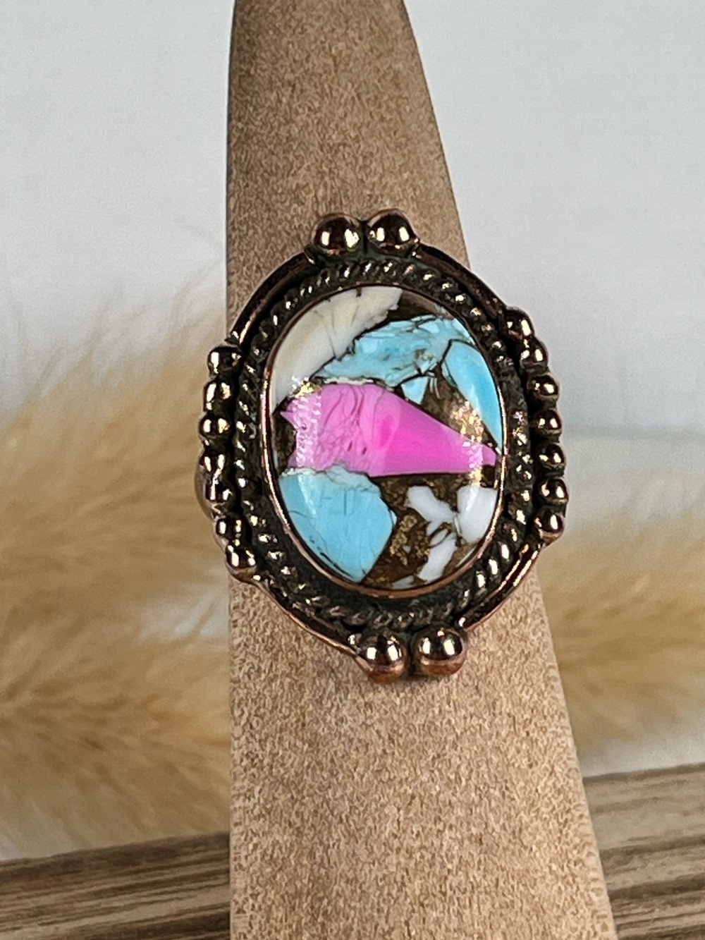 Solid Copper Cotton Candy Dahlia Turquoise Gemstone Ring Size 7 Adjustable